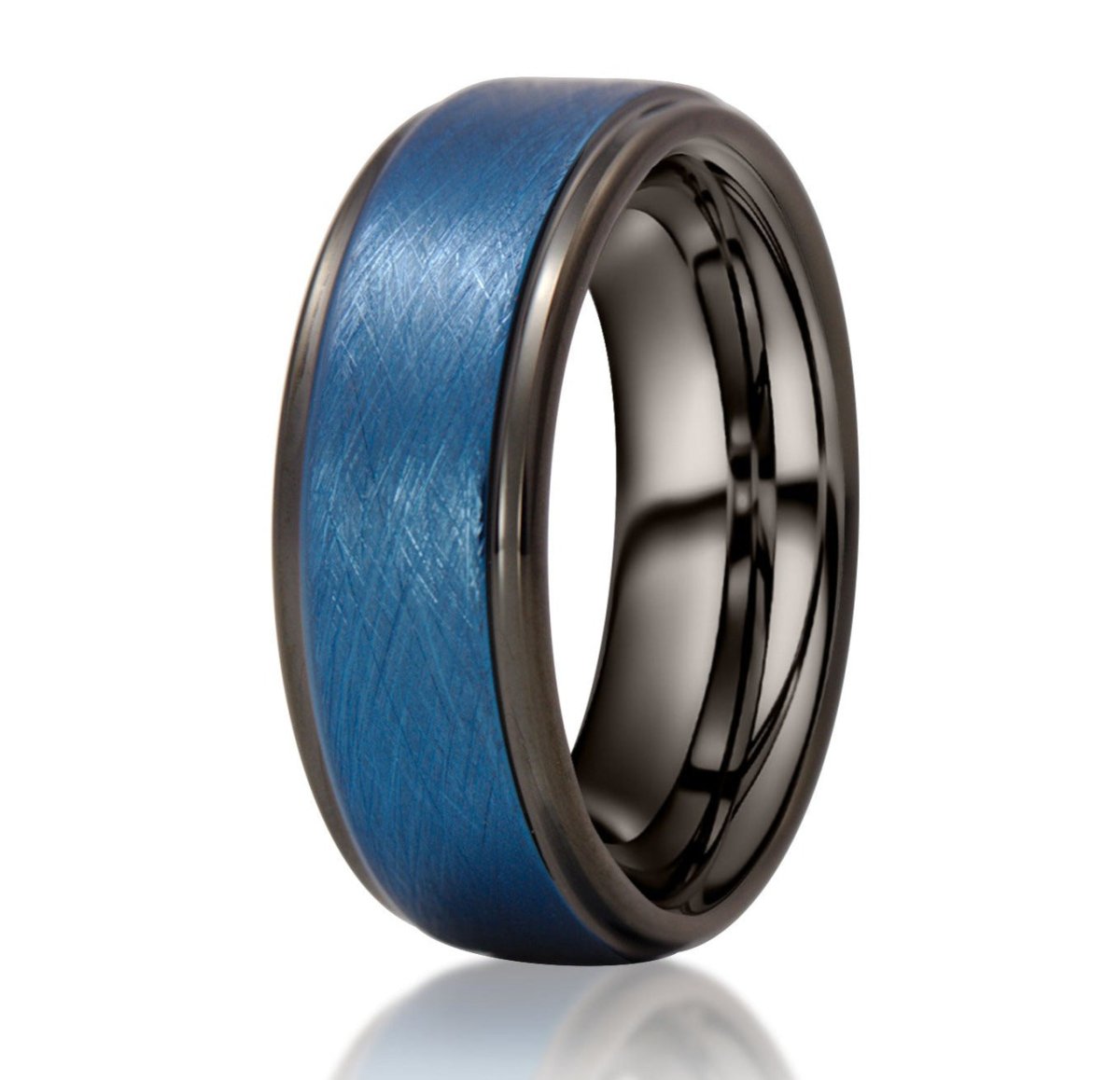 The Taylor, a 8mm black and blue tungsten carbide scratch-resistant ring with a brushed center and polished edges.