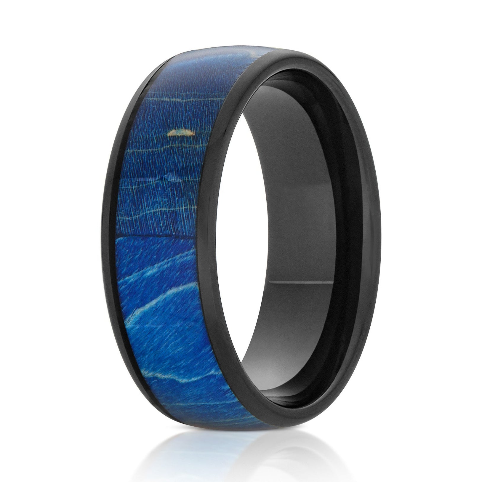 The Tempest, a 8mm black tungsten ring with a polished finish and a blue stabilized wood and resin inlay in the center.