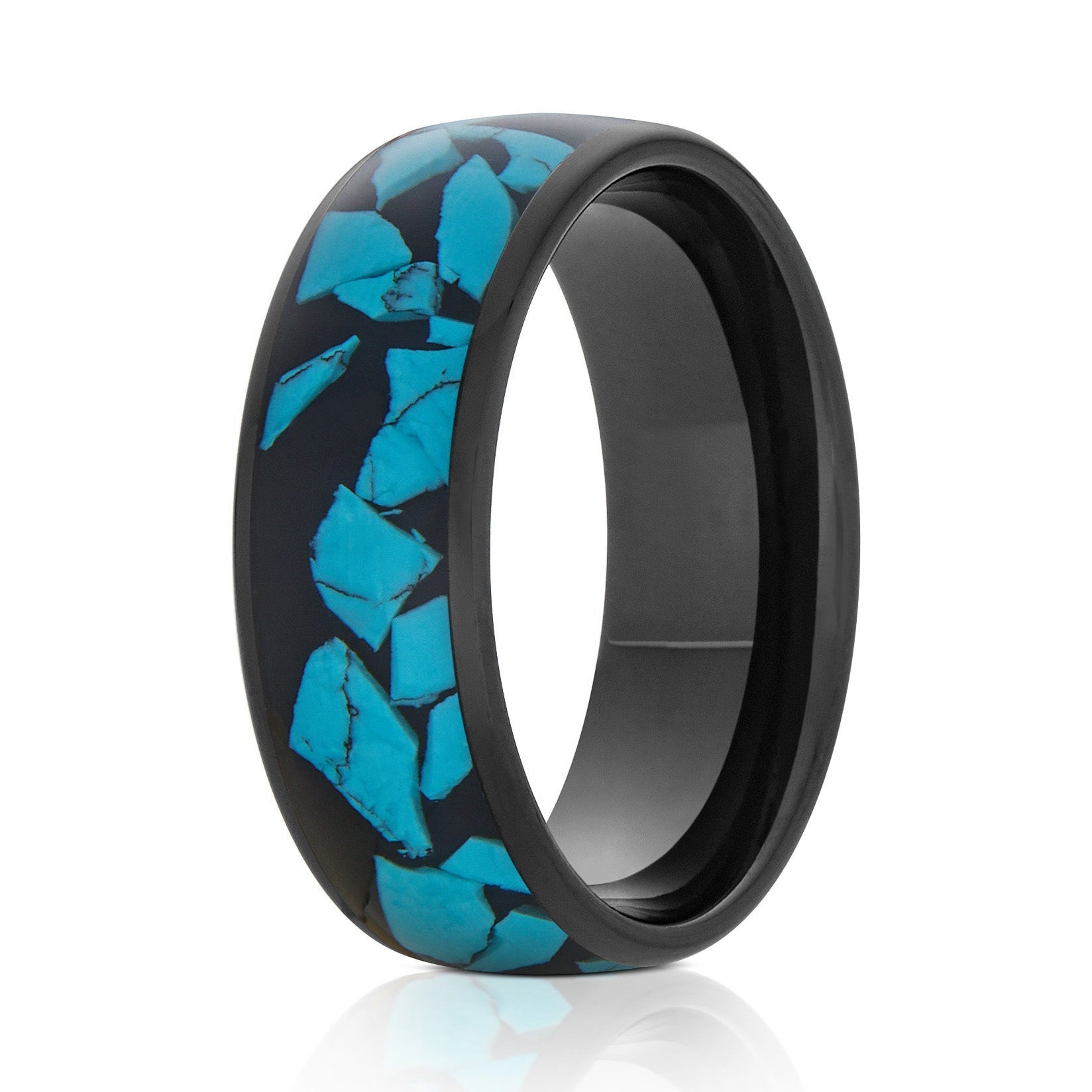The Tidal, a 8mm black tungsten ring with a polished finish and a blue turquoise fragments inlay in the center.