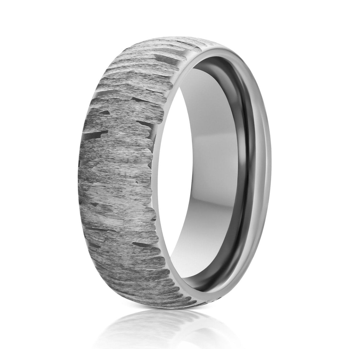The Timberline, a 8mm silver tungsten ring with a carved tree bark textured finish.