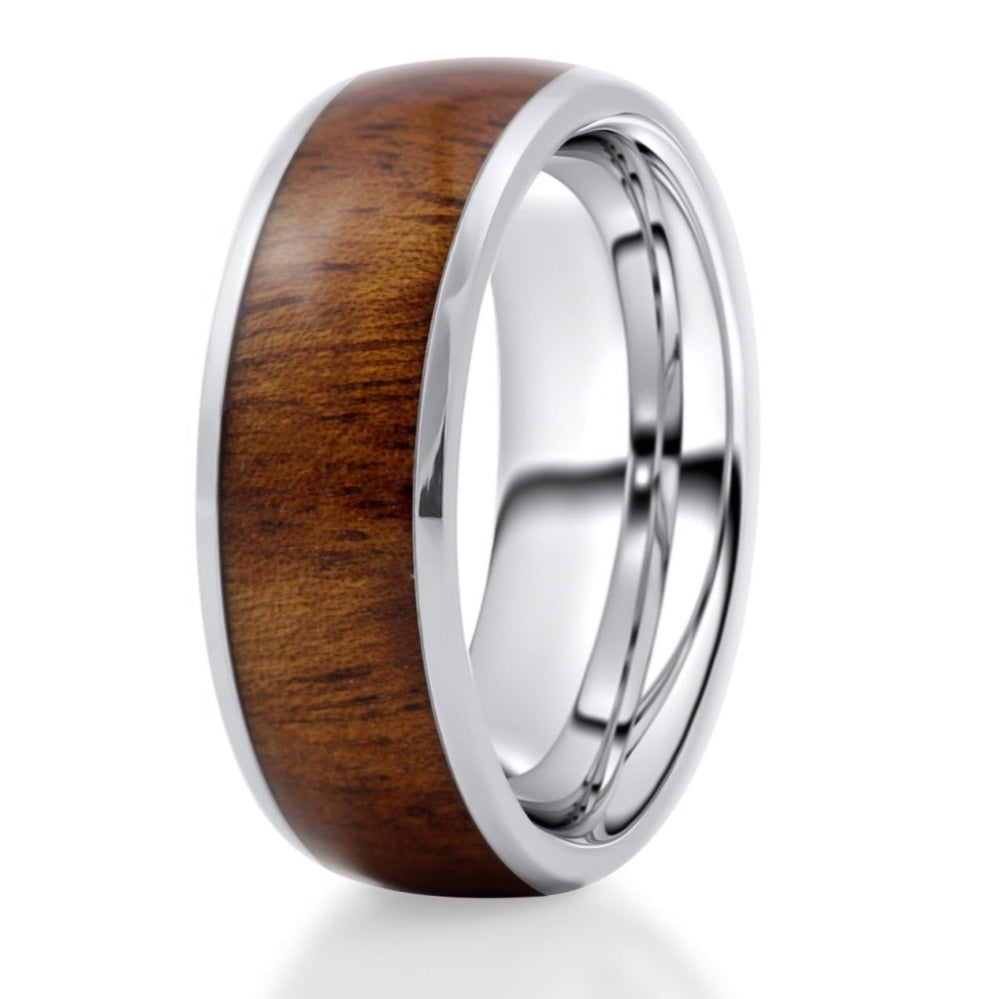 The Titan, a 8mm silver titanium ring that features a rosewood inlay and a sleek, polished finish.