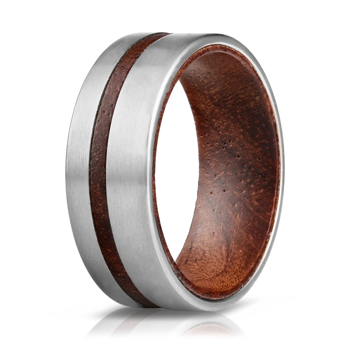 The Titanium, titanium ring that has a wooden inlay and insert. 