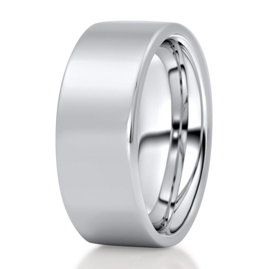 A silver tungsten carbide wedding band with a polished scratch resistant finish on a white background.
