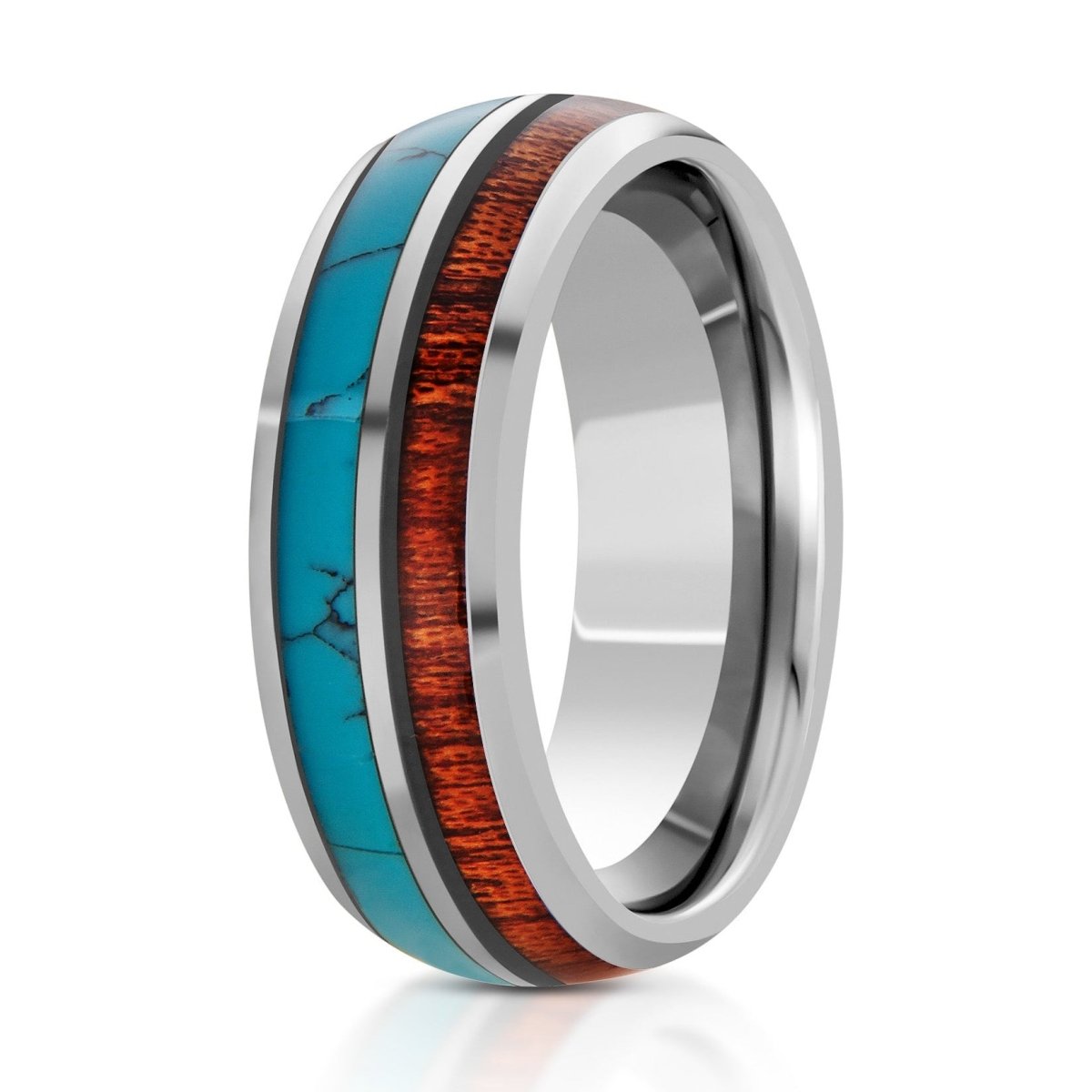 The Trailblazer, a 8mm silver tungsten ring with a polished finish and a koa wood and turquoise inlay.