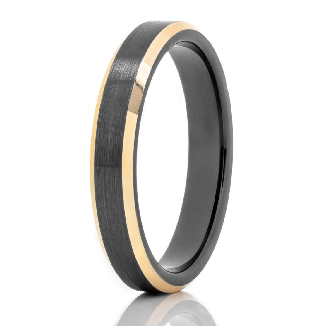 The Treasury, a 4mm black and rose gold tungsten carbide ring that features a black brushed center and sleek, rose gold polished edges.