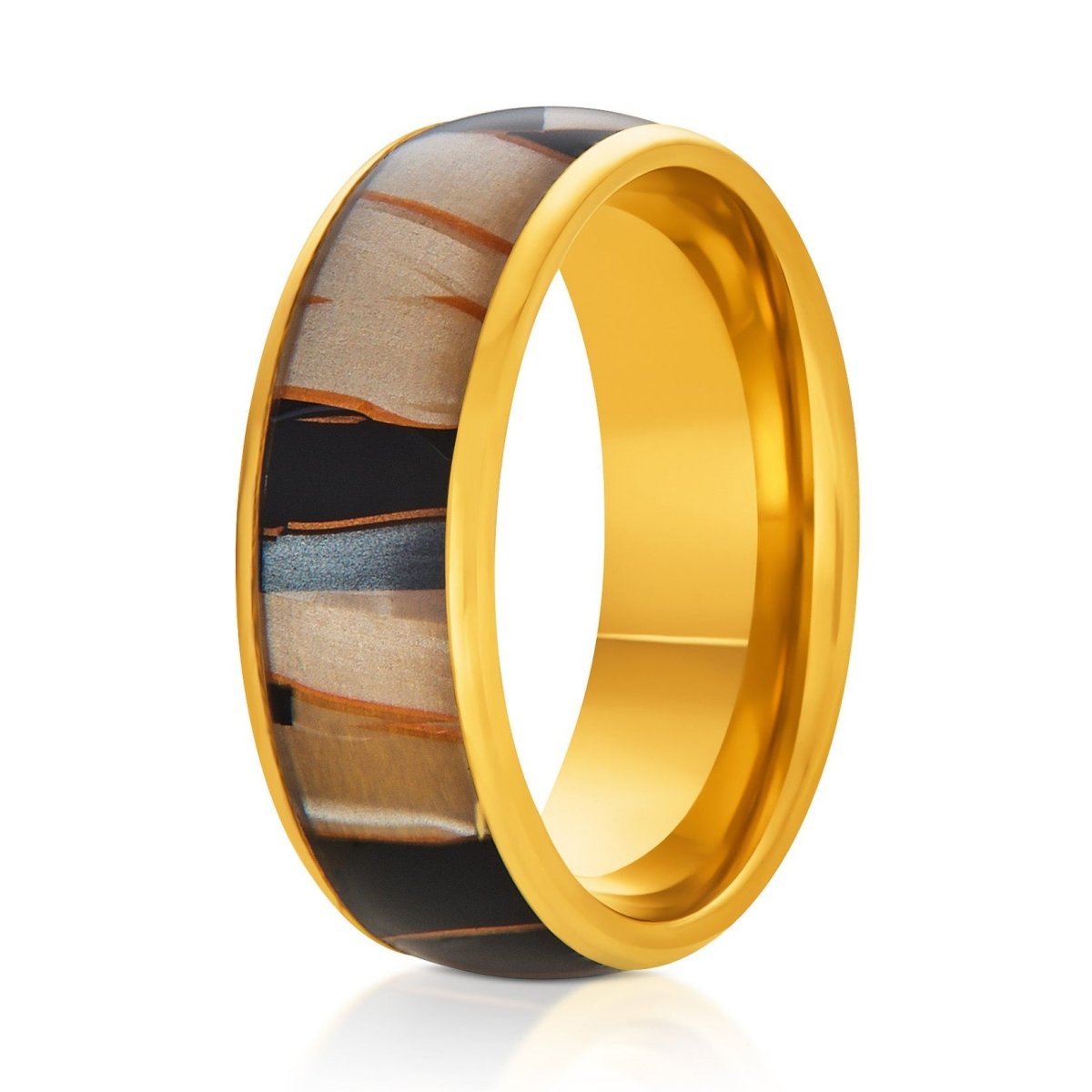 The Trident, a 8mm gold tungsten ring with a polished finish and a inlay in the center that features capiz, black resin, and gold shavings.