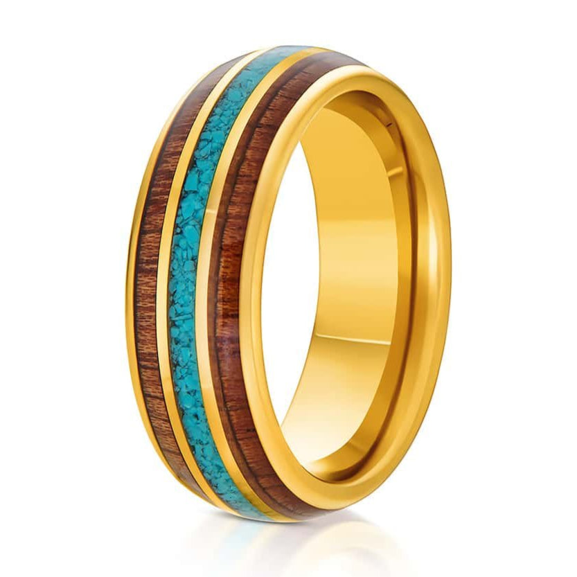 The Turquoise, a gold tungsten ring with a polished finish that features a double rosewood inlay and a crushed turquoise inlay in the center.