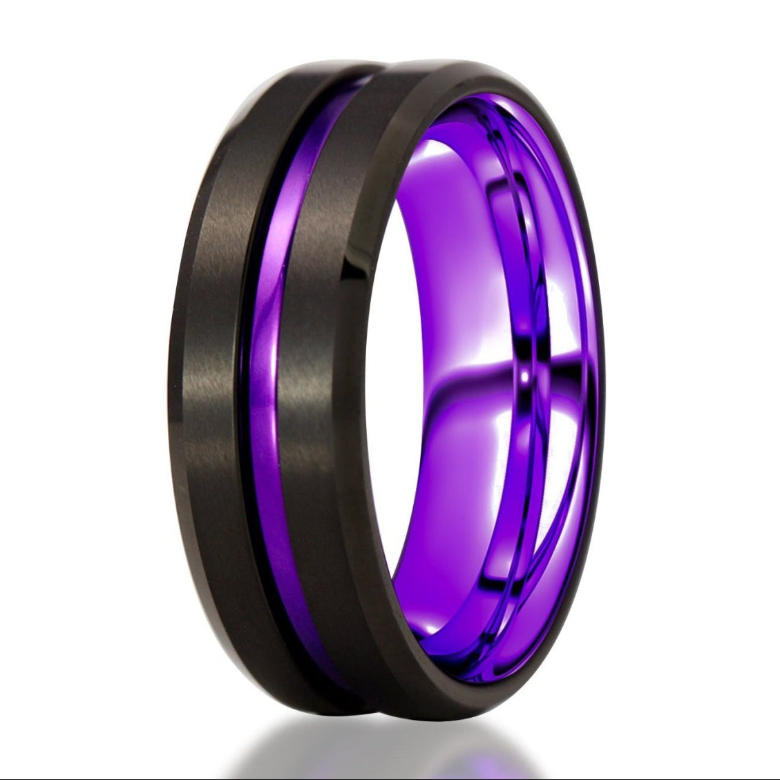 The Uplander, a black tungsten ring with a brushed center and polished edges, and a purple aluminum polished groove and sleeve.