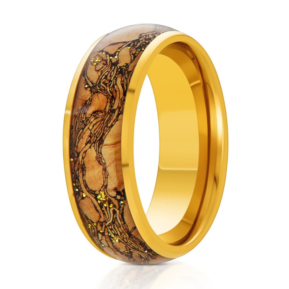The Valtoro, a 8mm gold tungsten ring with a polished finish that features a cork and gold glitter inlay in the center.