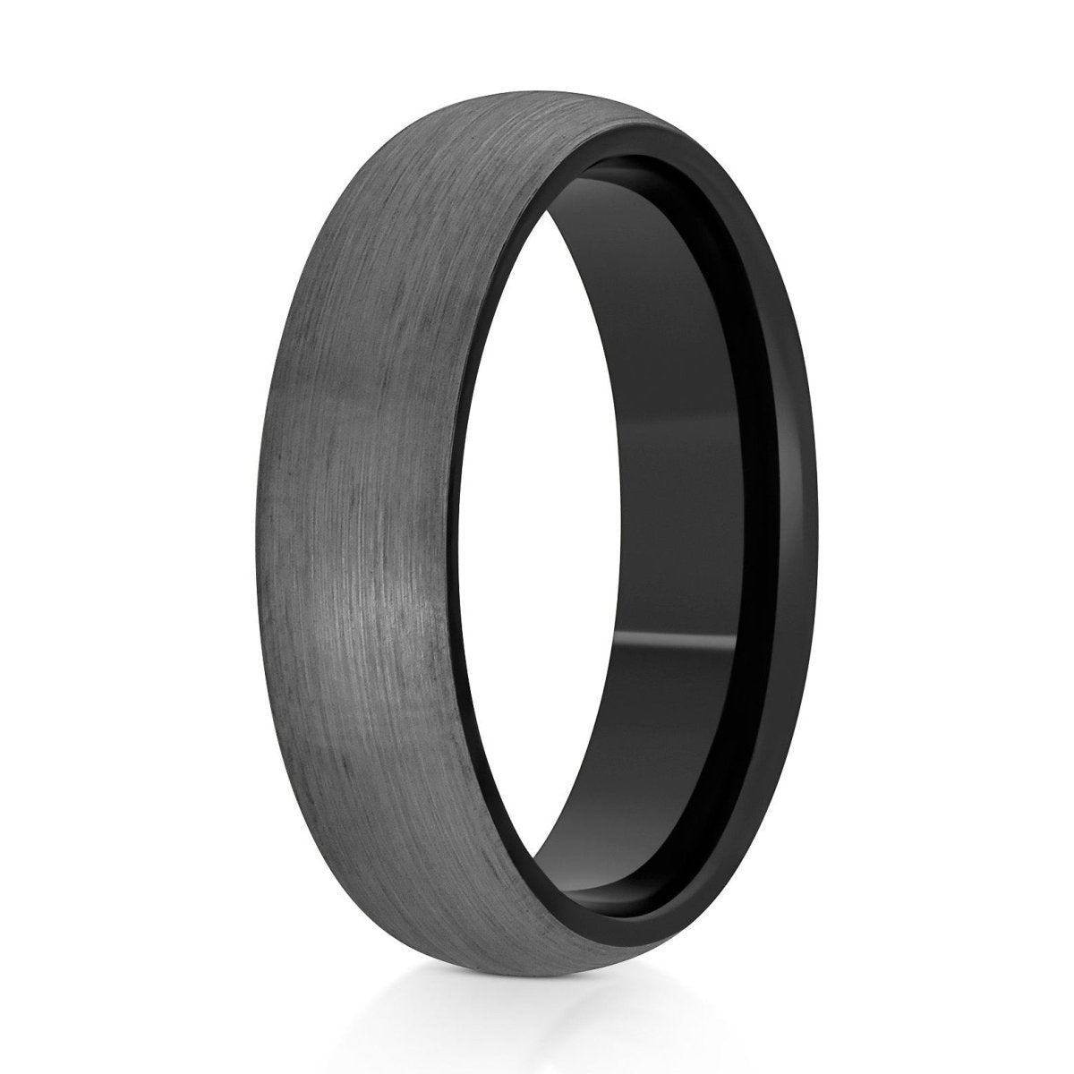 The Vantix, a 6mm gray tungsten ring with a brushed finish and a black band.