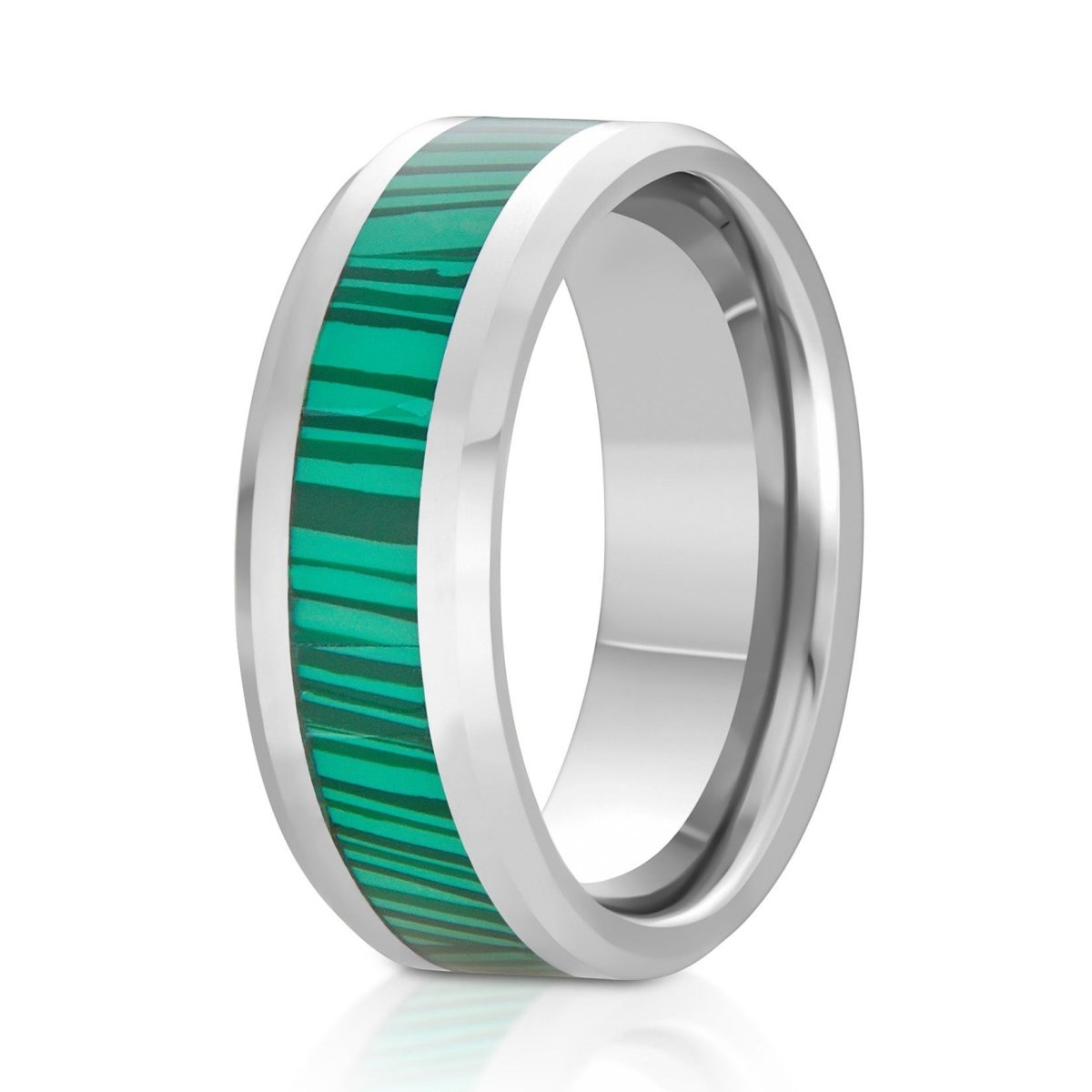 The Verdant, a 8mm silver tungsten ring with a polished finish and beveled edge with a green faux malachite inlay in the center.