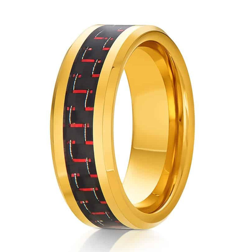 The Viper, a gold tungsten ring that features a polished finish and a black and red carbon fiber inlay.