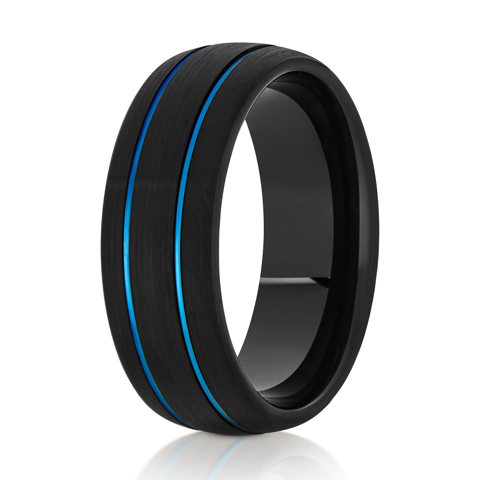 The Vortex, a 8mm black tungsten ring with a brushed finish and domed design that features 2 blue grooves.