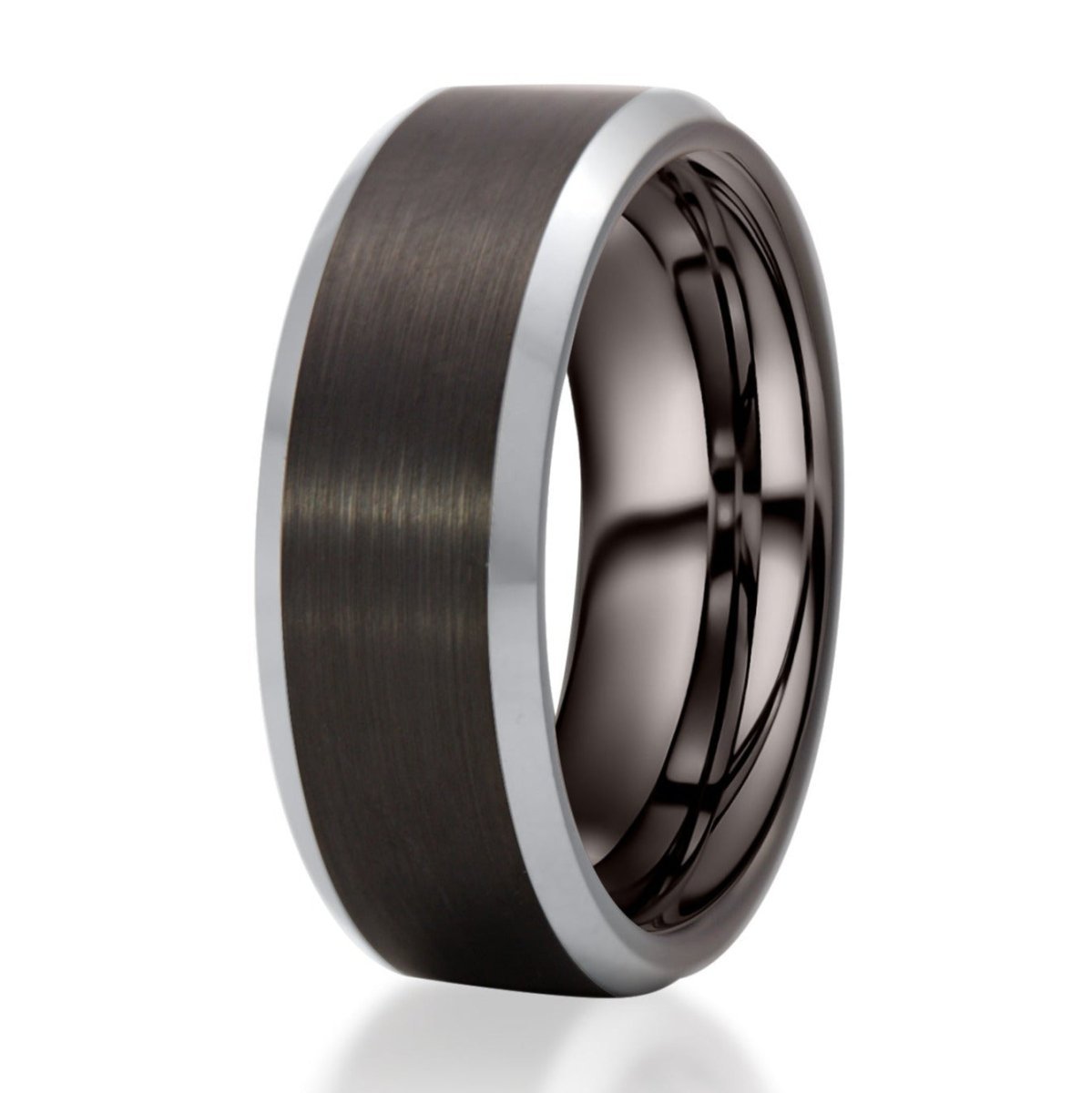 The Wasatch, a black tungsten ring with a brushed finish and silver polished edges.