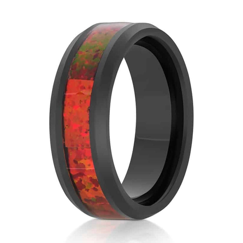 The Waterton, a black tungsten carbide ring that features a polished finish and fire red opal inlay.