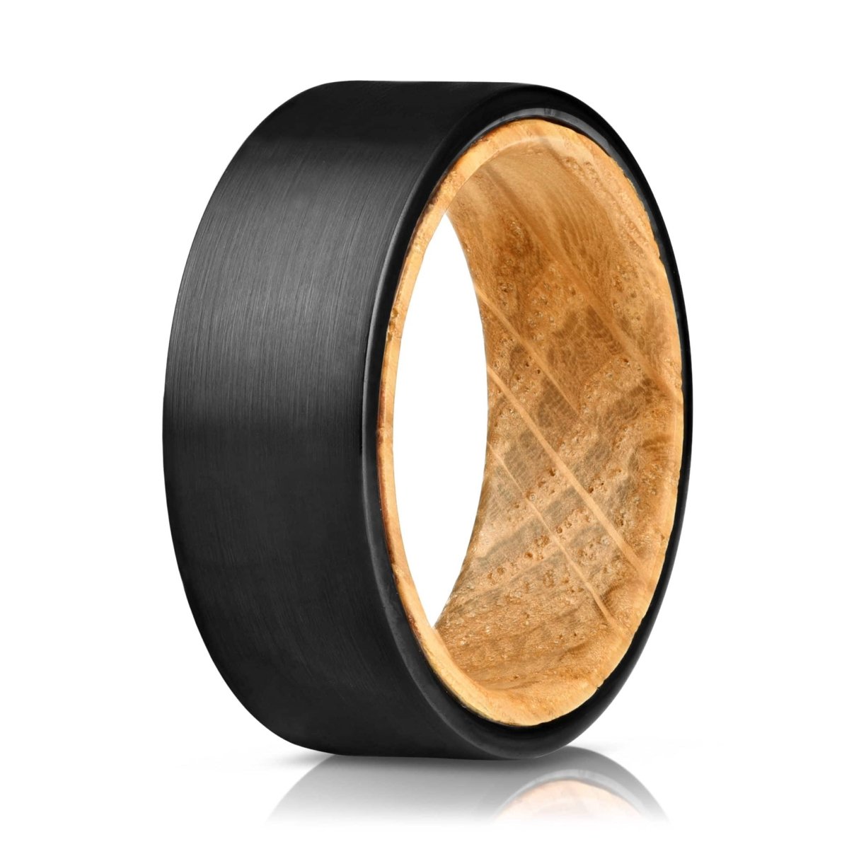 The Whiskey Barrel, a black brushed ring with a brushed finish that features a whiskey barrel wood band.