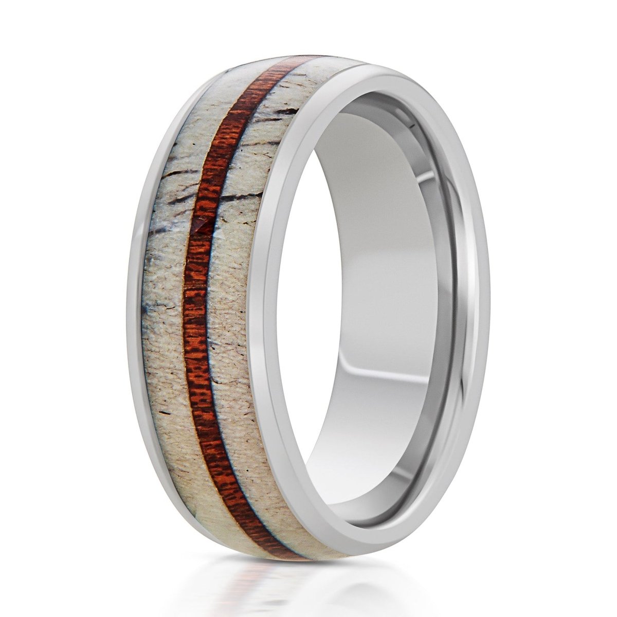 The Wildwood, a 8mm silver tungsten ring with a polished finish that features a deer antler inlay and whiskey barrel wood thin strip in the center.