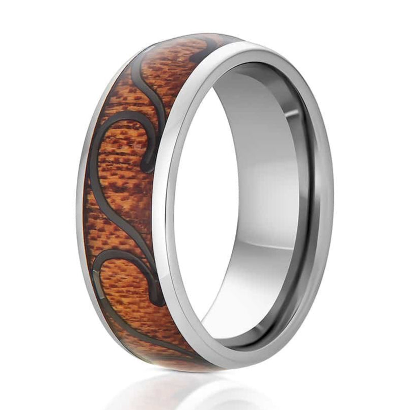 The Winters, a silver tungsten carbide scratch-resistant ring that features a Hawaiian Koa wood inlay and black wave design.
