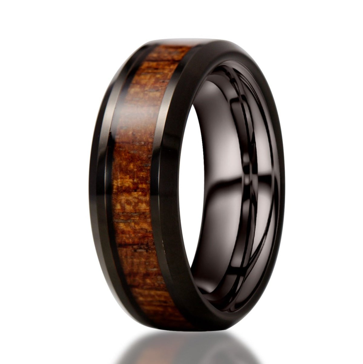 The Wrangell, a black tungsten carbide scratch-resistant ring with a polished finish and Hawaiian Koa wood inlay.
