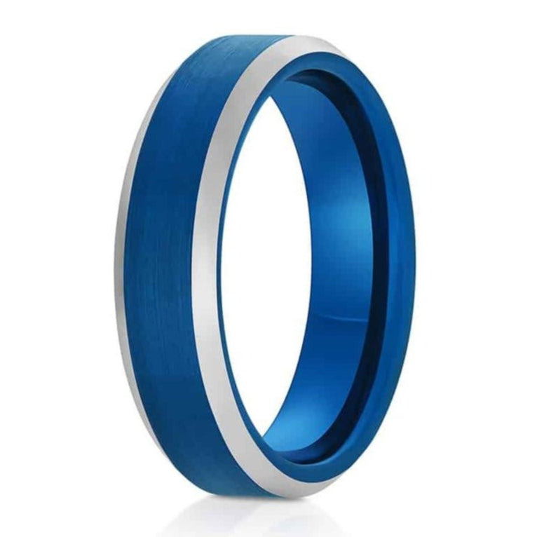 The Yukon, a 6mm silver and blue tungsten carbide scratch-resistant ring that features a brushed center and polished edges and band.