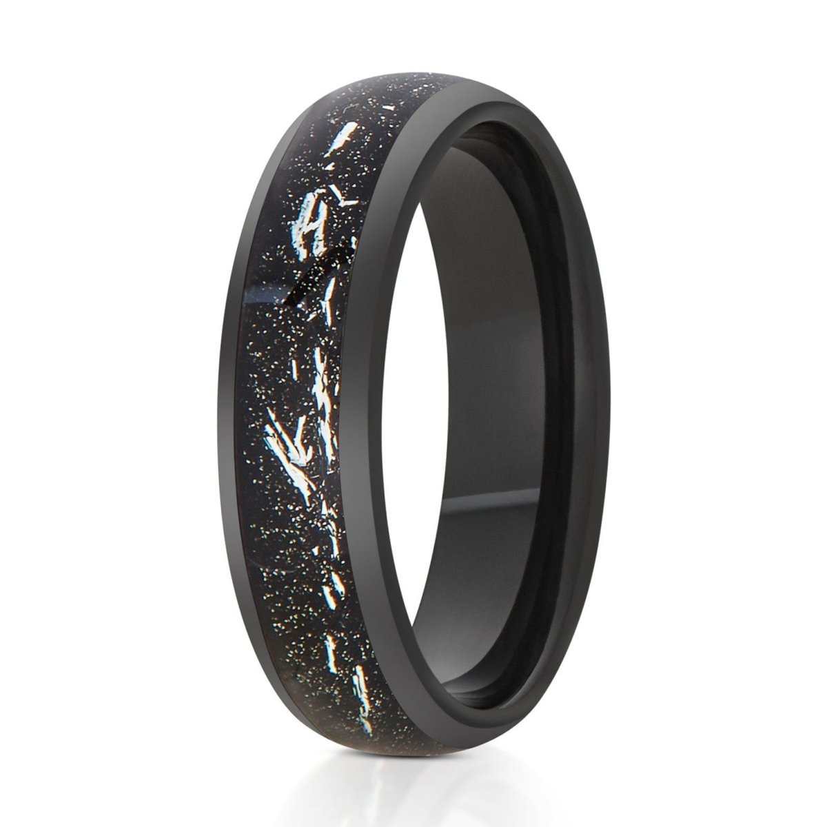 The Zenith, a 6mm black tungsten ring with a polished finish and a black and silver meteorite inlay in the center.