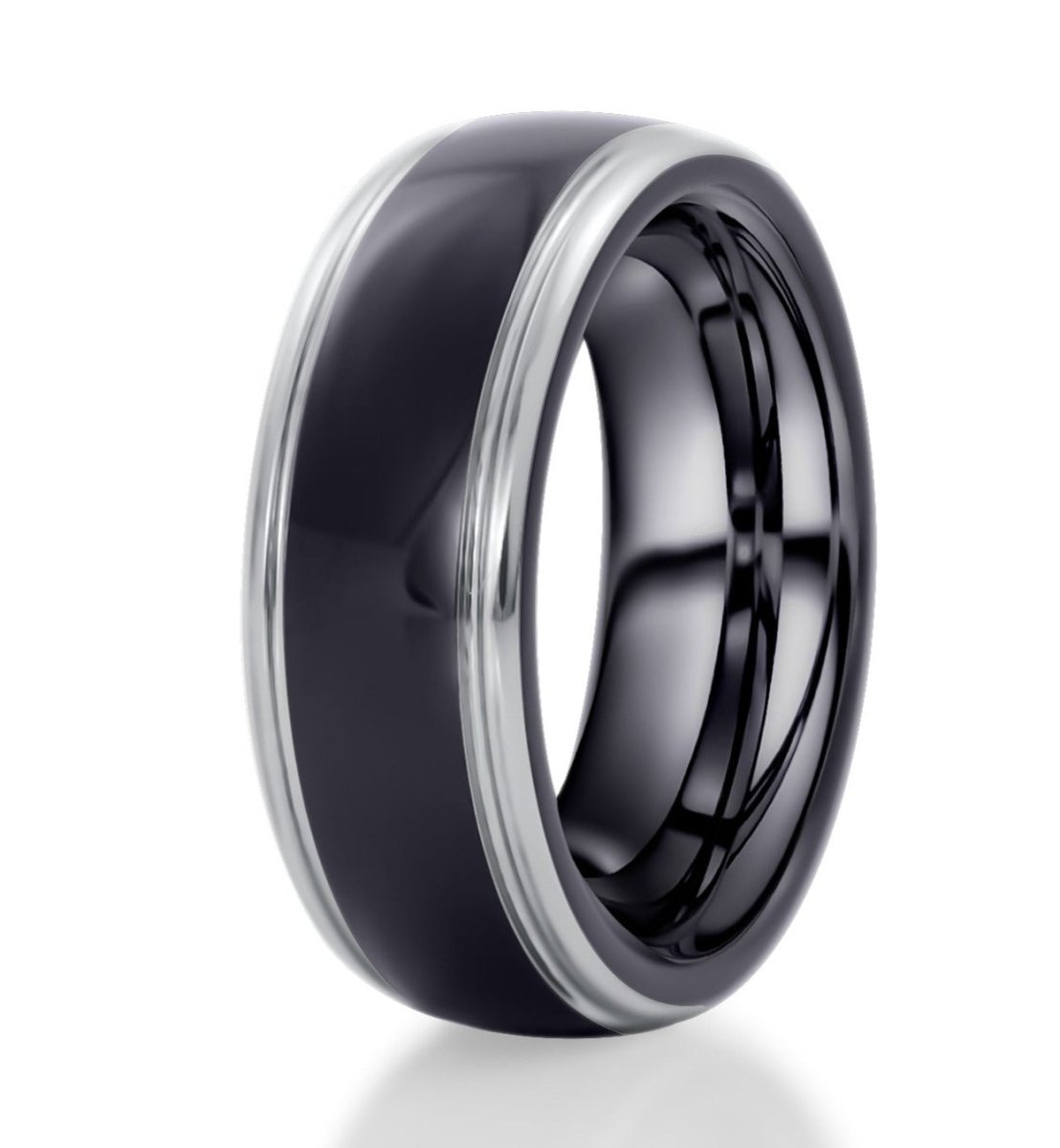The Zeppelin, a 8mm black and silver tungsten ring that features a polished finish and beveled edge.