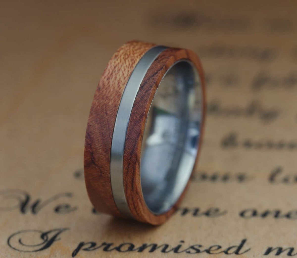 Brushed titanium and Rosewood ring. Engagement ring, wedding ring. Ring popular for men