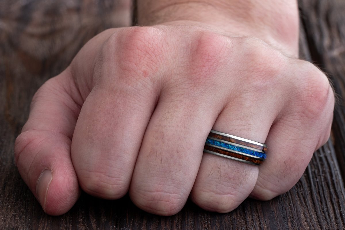 The Surfer | Mens Koa Wood and Opal Ring | Gentlemen's Bands
