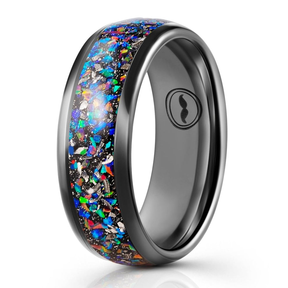 The Comet, a black tungsten carbide scratch resistant ring that features a polished finish and a meteorite and opal inlay.