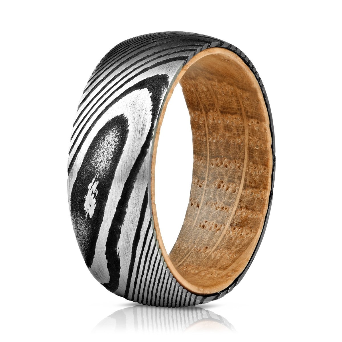 The Damascus, a silver tungsten carbide ring with oak whiskey barrel wood sleeve features a sleek and bold brushed finish.