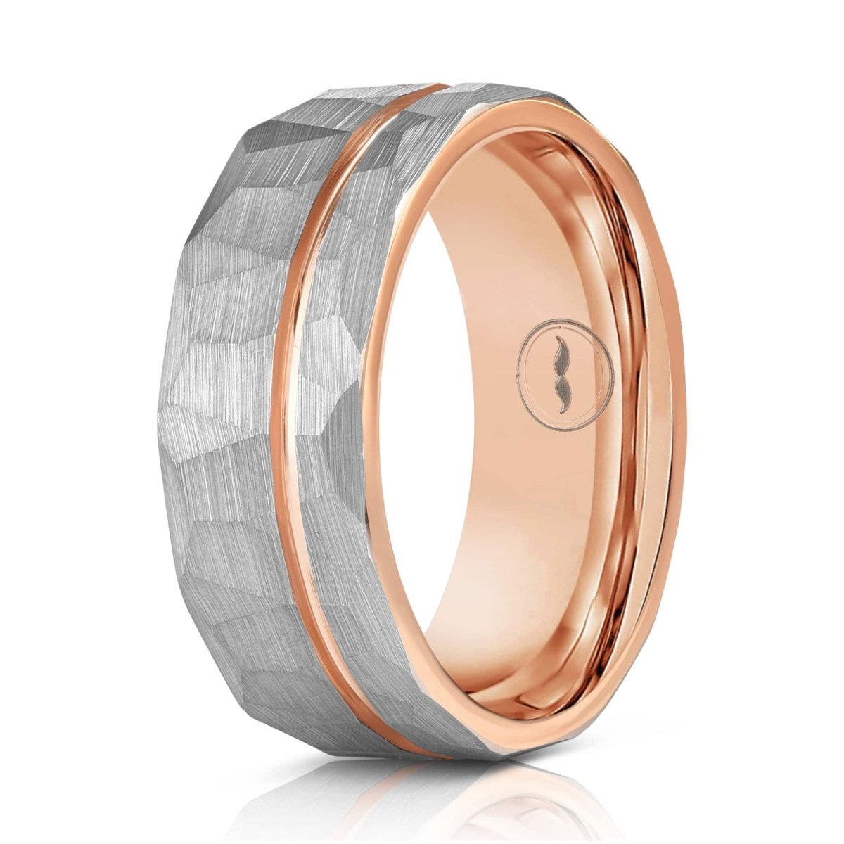 The Executive, a silver tungsten scratch resistant ring that features a brushed and hammered finish and a polished rose gold groove and inner sleeve.