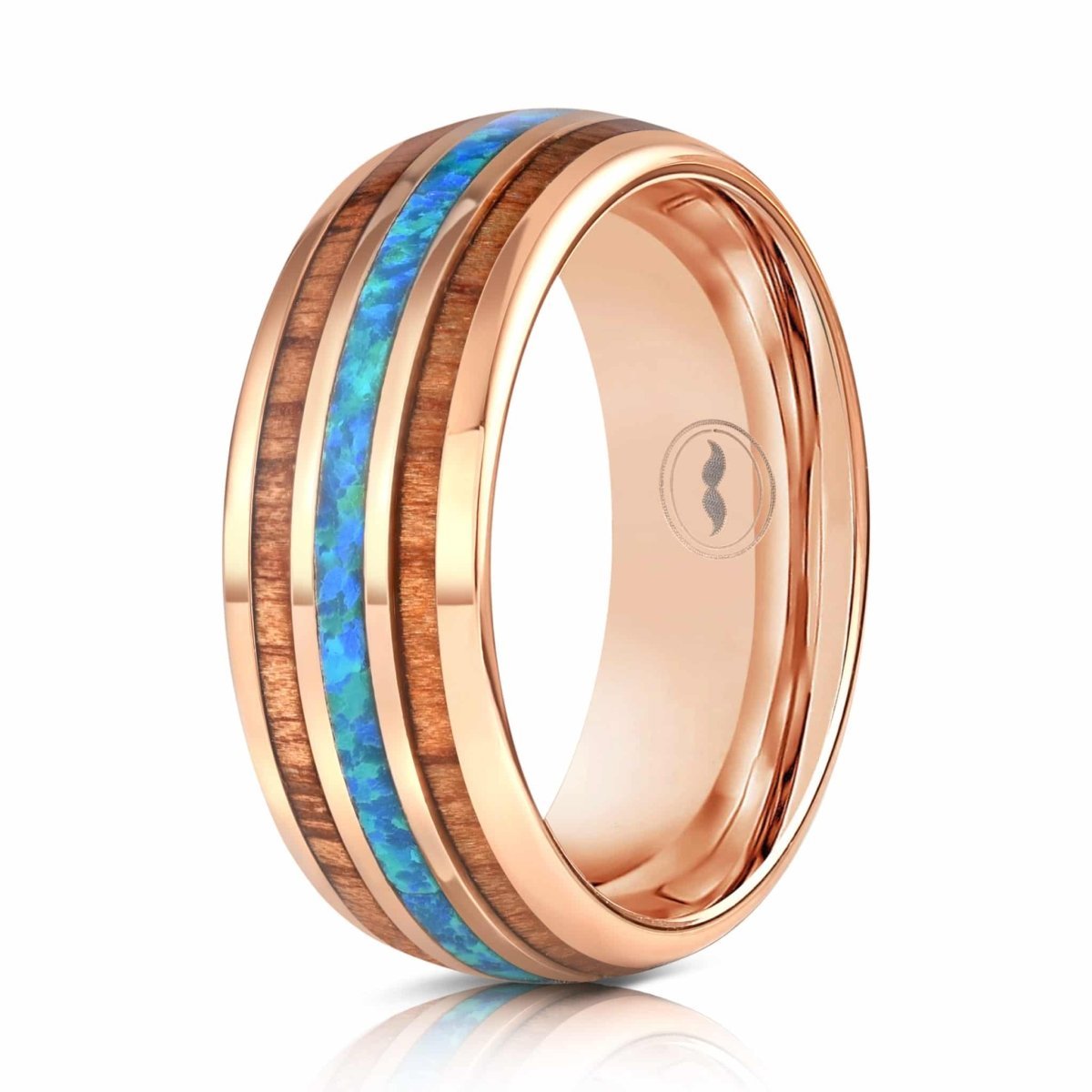 The Fire Opal, a polished rose gold tungsten carbide ring that features a double Hawaiian Koa wood inlay and vibrant opal inlay.