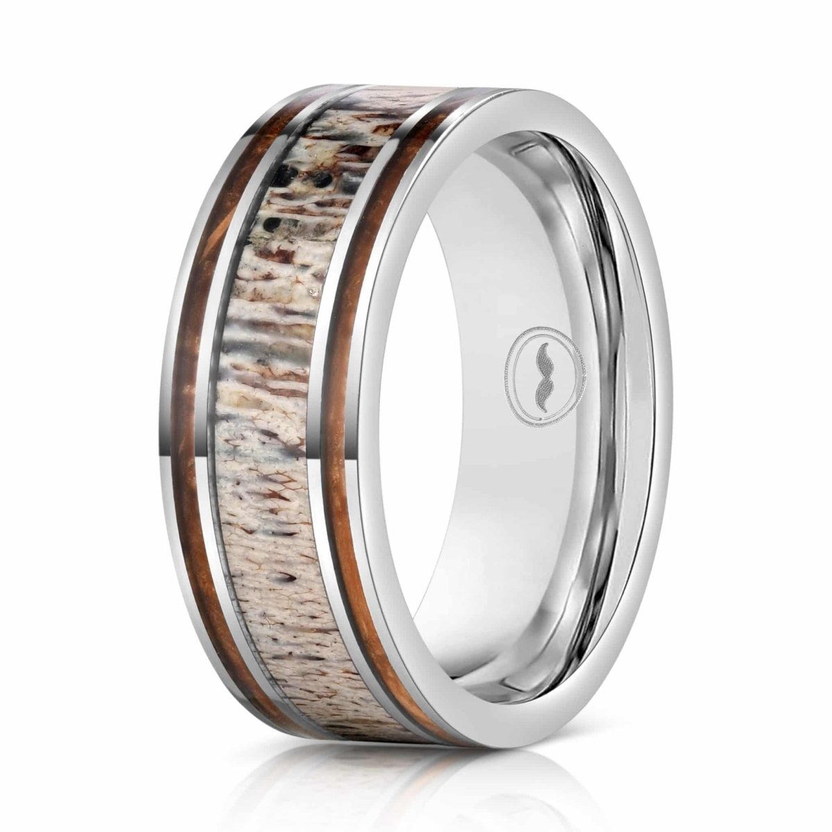 The Mountain Man, a 8mm silver tungsten scratch resistant ring with a polished finish and features a deer antler and whiskey barrel wood inlay.
