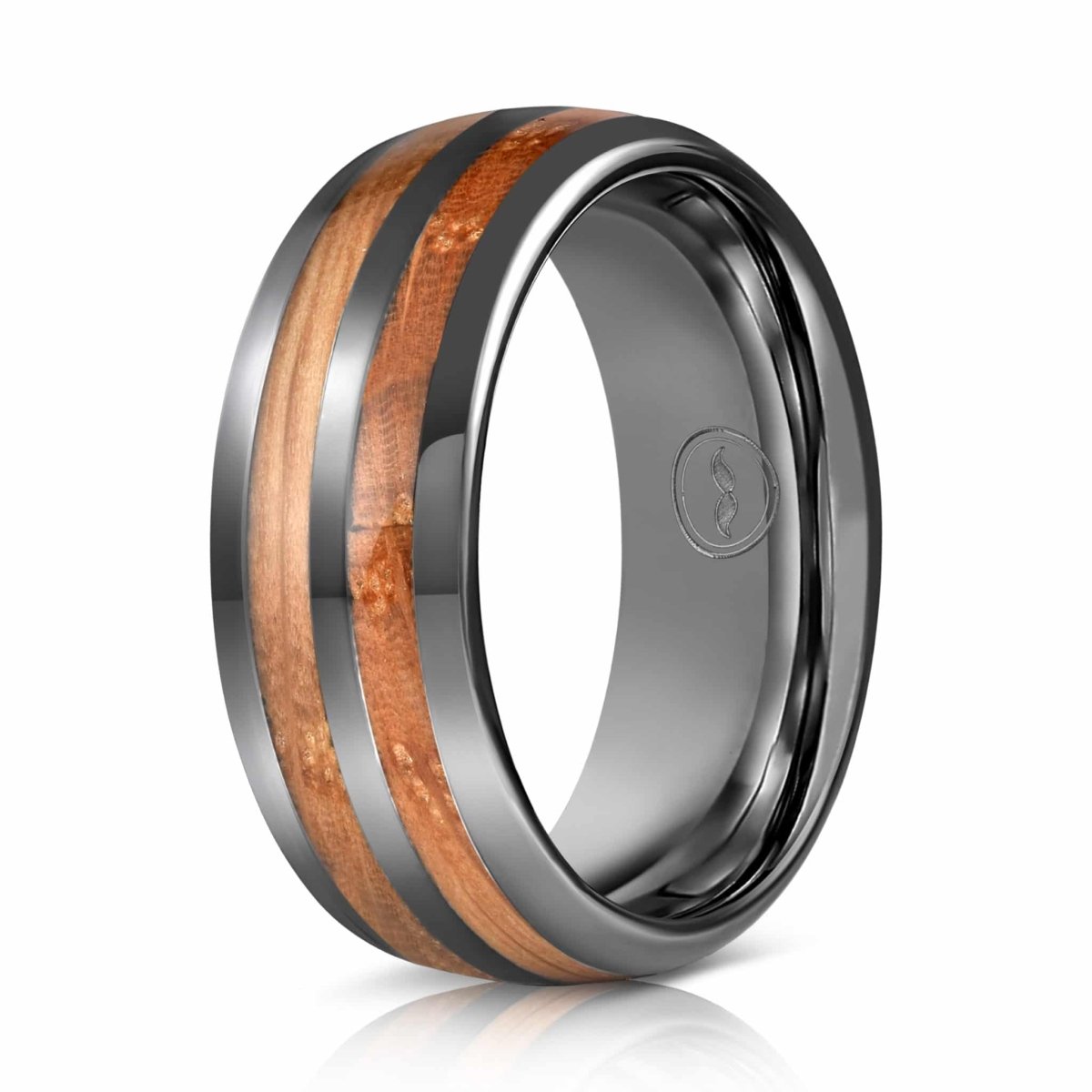 The Tennessee, a polished black tungsten carbide ring that features a double striped whiskey barrel wood inlay.