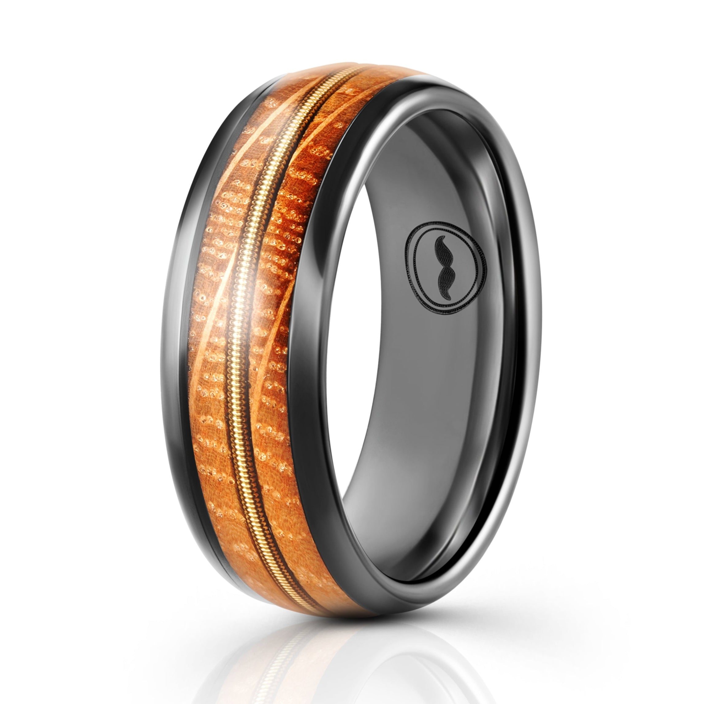 The Whiskey Guitarist, a black tungsten carbide scratch resistant ring that features a polished finish and a whiskey barrel wood inlay paired with a inlayed gold guitar string.
