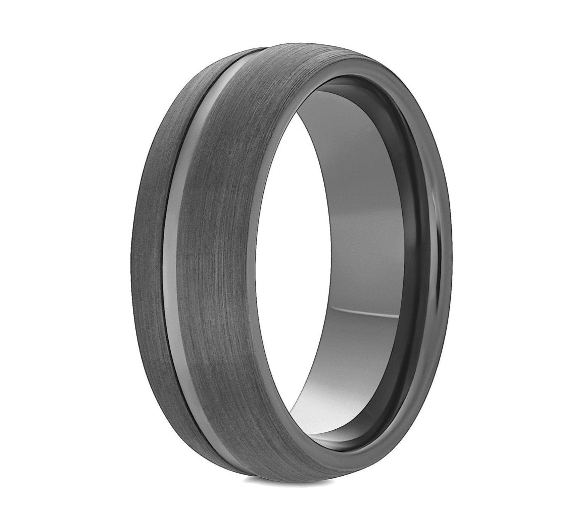 The Aberdeen, a 8mm gray tungsten scratch-resistant ring with a domed design, brushed finish, and a polished groove and band.