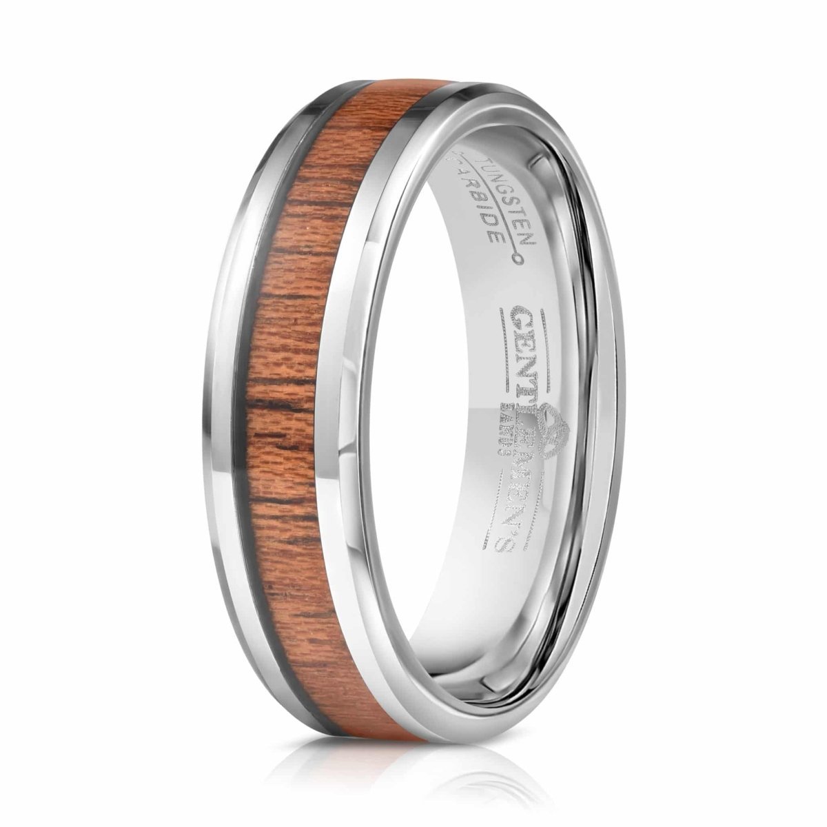 The Artisan, a unique mens wedding or engagement ring that features a dark koa wood inlay while the silver tungsten has a polished finish on a white background.
