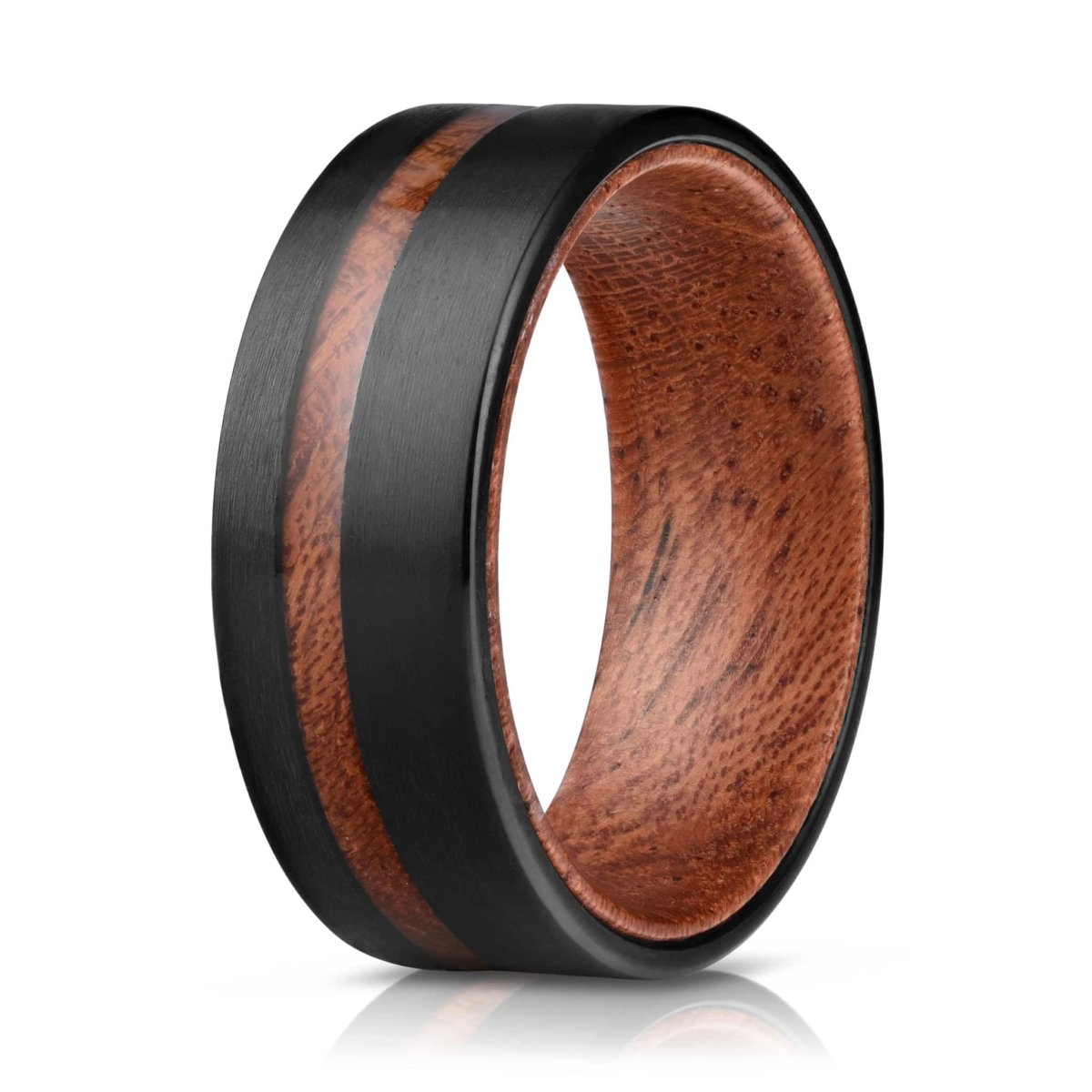 The Ashburn, a sleek black scratch resistant tungsten wedding band that features a rosewood inlay and insert with a brushed finish.