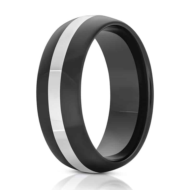 The Aurora, a black tungsten scratch resistant ring that features a sleek silver striped center and a polished finish.