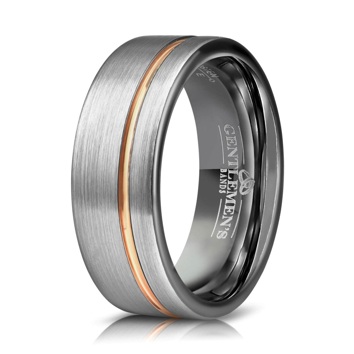 The Ballor, silver tungsten wedding band that features a brushed finish and polished rose gold groove. 