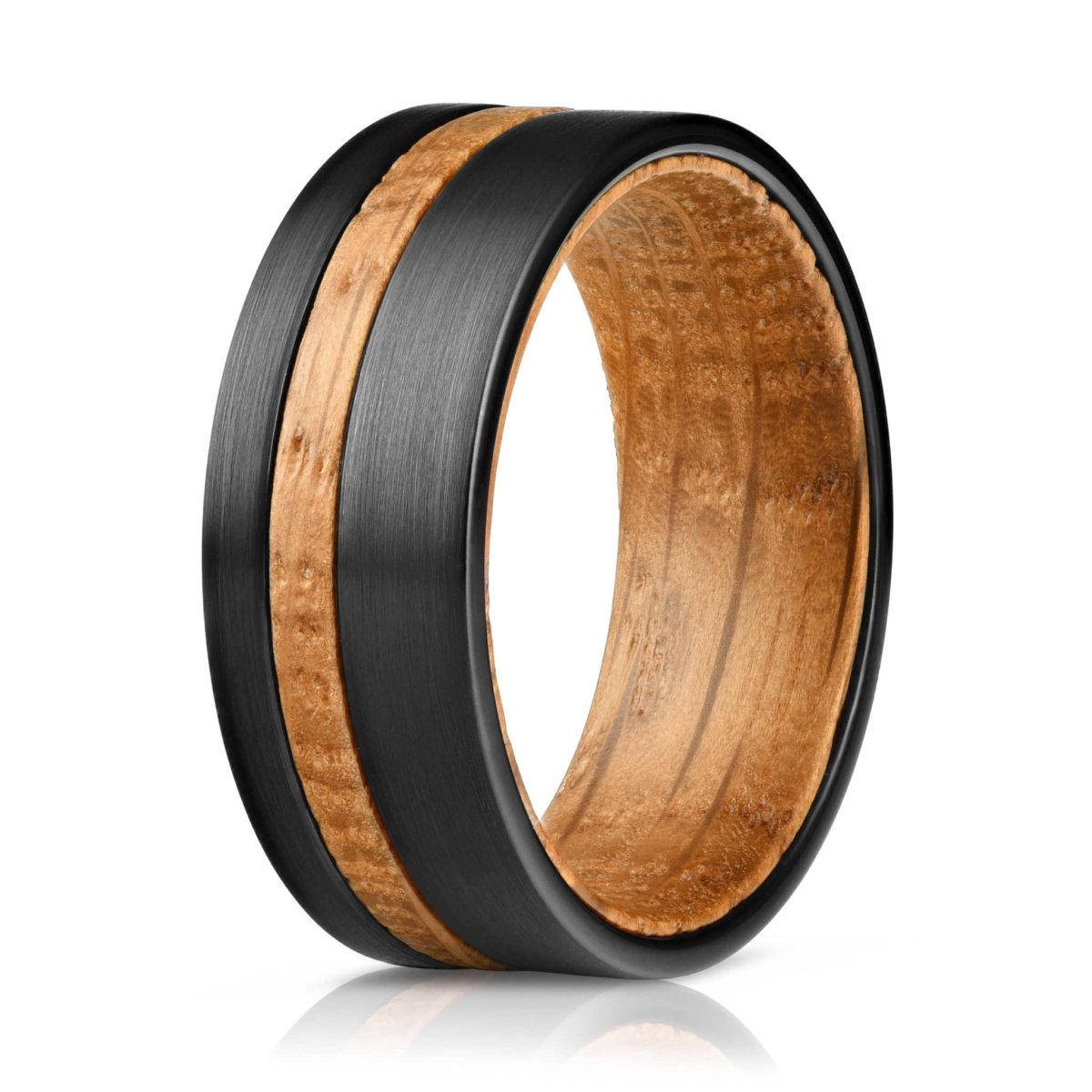 The Bourbon, a bold black tungsten mens wedding ring that features a whiskey barrel wood inlay and insert with a brushed finish.