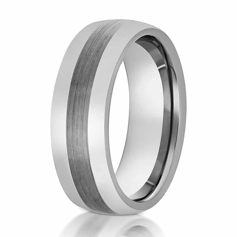 The Canyon, mens tungsten silver carbide wedding band or anniversary gift. Ring has a brushed center with polished edges, and is scratch resistant. 