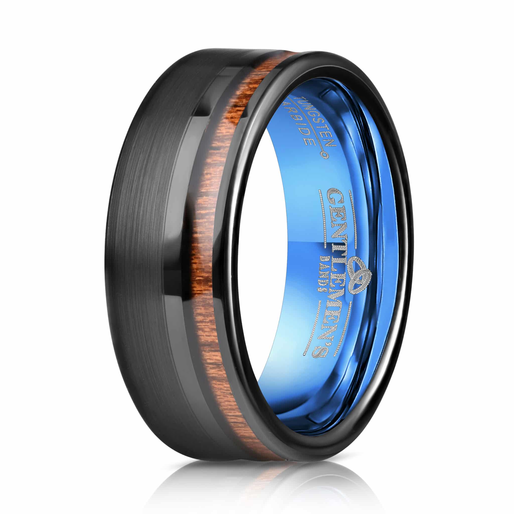 An 8mm black tungsten carbide ring with a koa wood inlay and a blue interior.