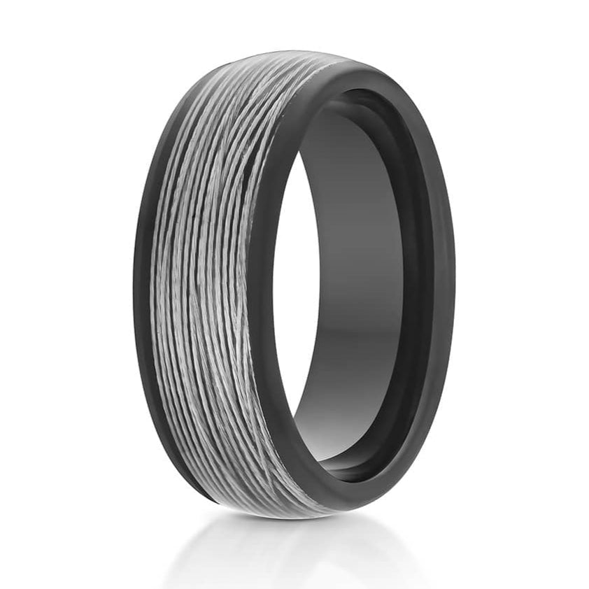 The Chesapeake, a black tungsten carbide ring with a polished finish that features a silver fishing line inlay.