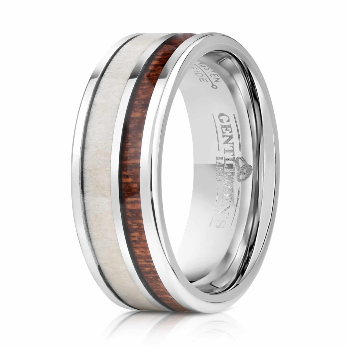 The Elk, a silver tungsten wedding that features a deer antler and koa wood inlay. Ring is polished and makes for a great wedding band.