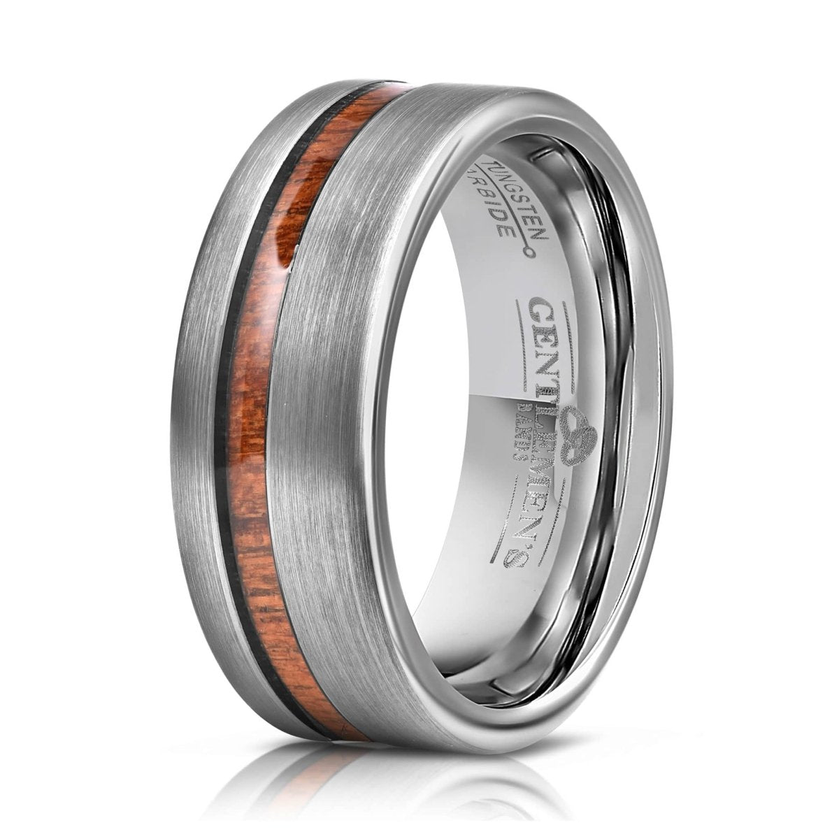 The Gentleman, a gunmetal gray tungsten ring that features a bold koa wood inlay and brushed finish on a white background.