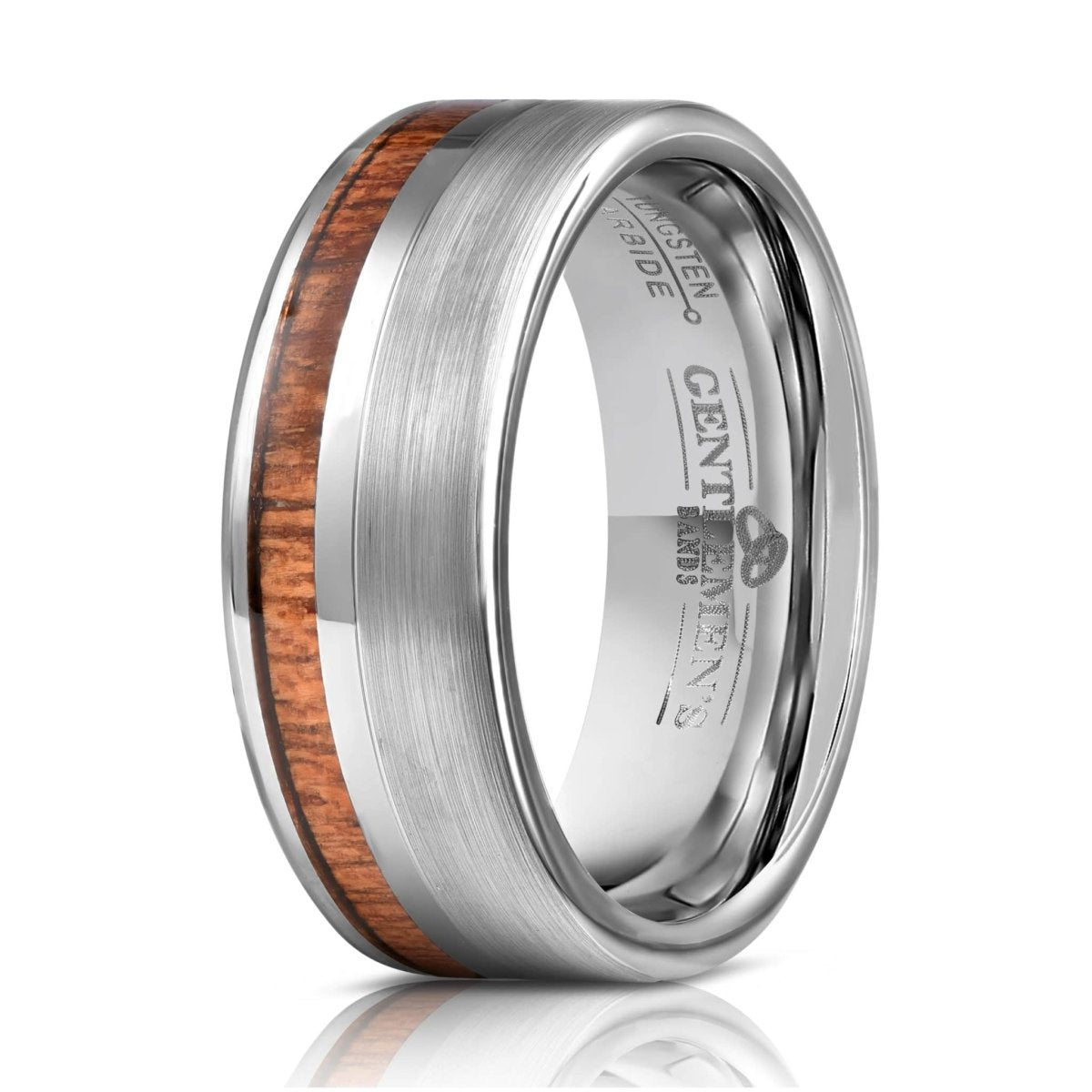 The Gentlemen is Best, a silver tungsten carbide wedding ring with a Koa Wood on a white background.
