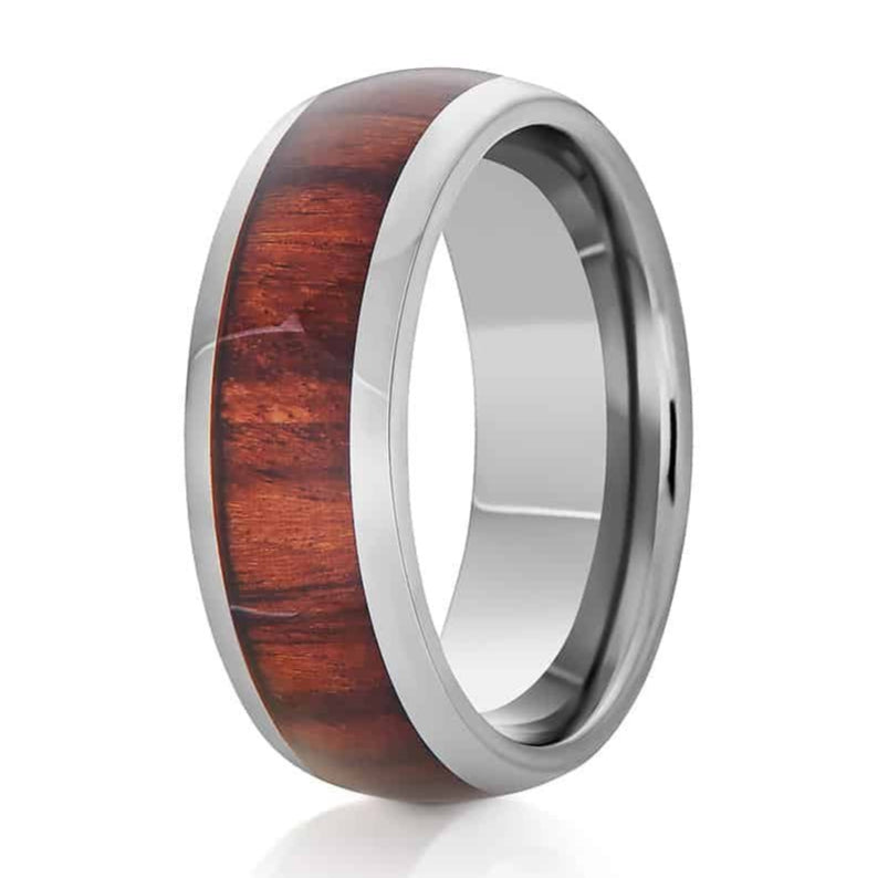 The Grain, a 8mm silver titanium ring that features a polished finish and koa wood inlay.