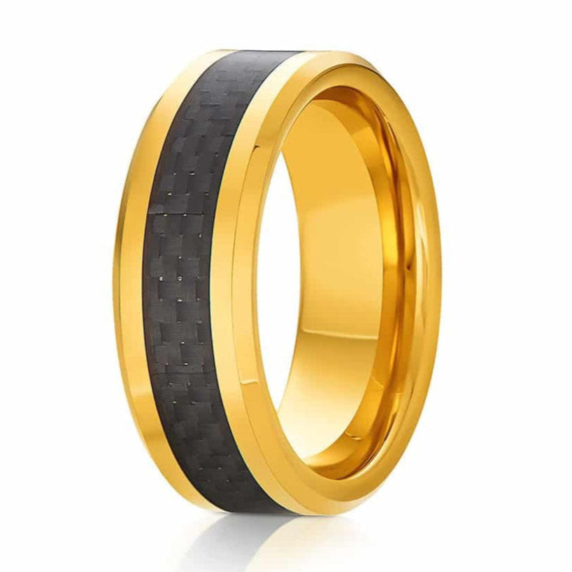 The Hudson, a 8mm gold scratch-resistant tungsten carbide ring that features a sleek, polished finish and a black carbon fiber inlay.