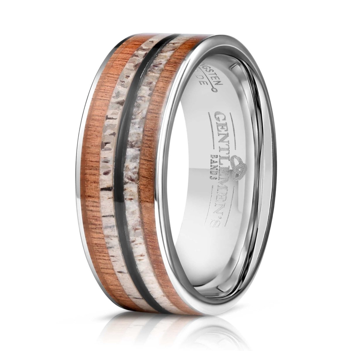 The Hunter, a silver titanium ring that features a wood and antler inlay perfect for any outdoorsman on a white background.
